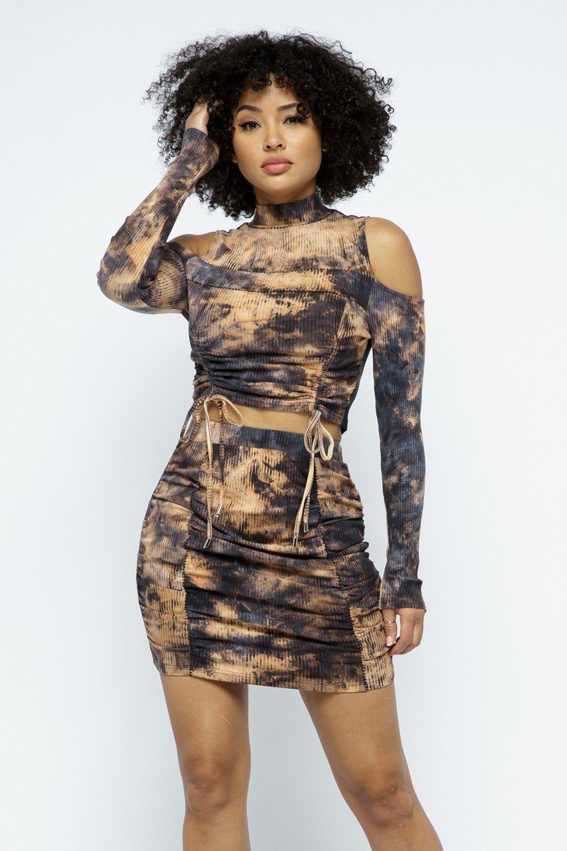 Tie Dye Open Shoulder Long Sleeve Top And Matching Skirt W Ruching Details - Supreme Deals