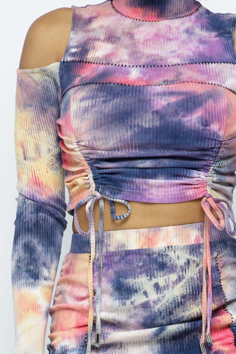 Tie Dye Open Shoulder Long Sleeve Top And Matching Skirt W Ruching Details - Supreme Deals