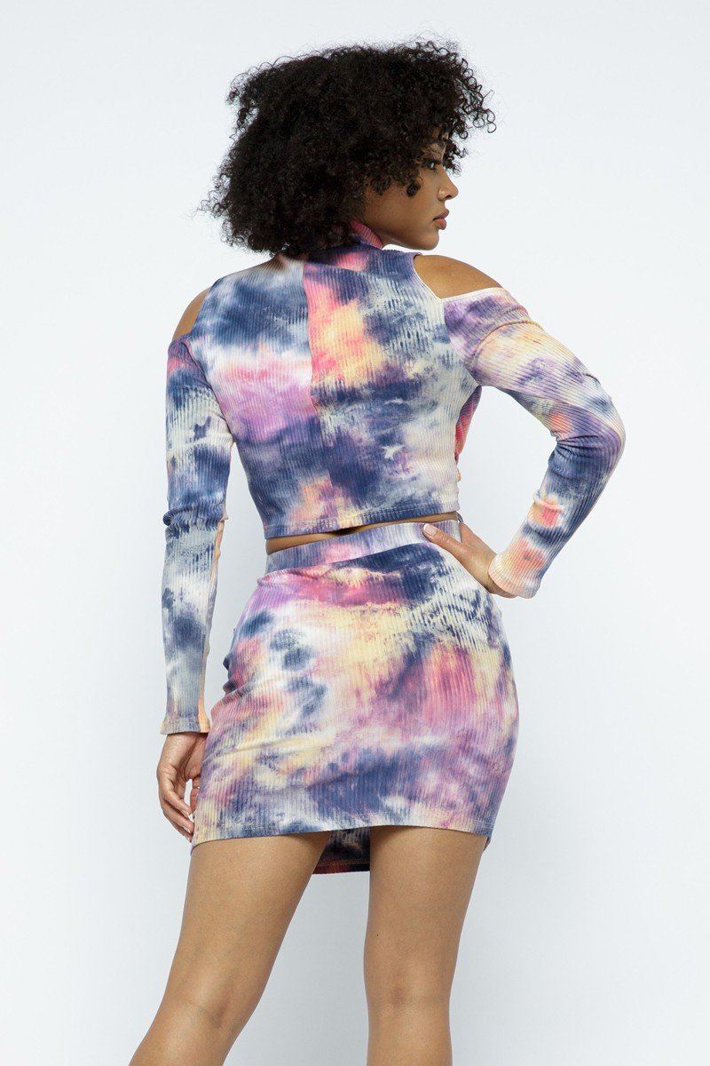 Tie Dye Open Shoulder Long Sleeve Top And Matching Skirt W Ruching Details - Supreme Deals