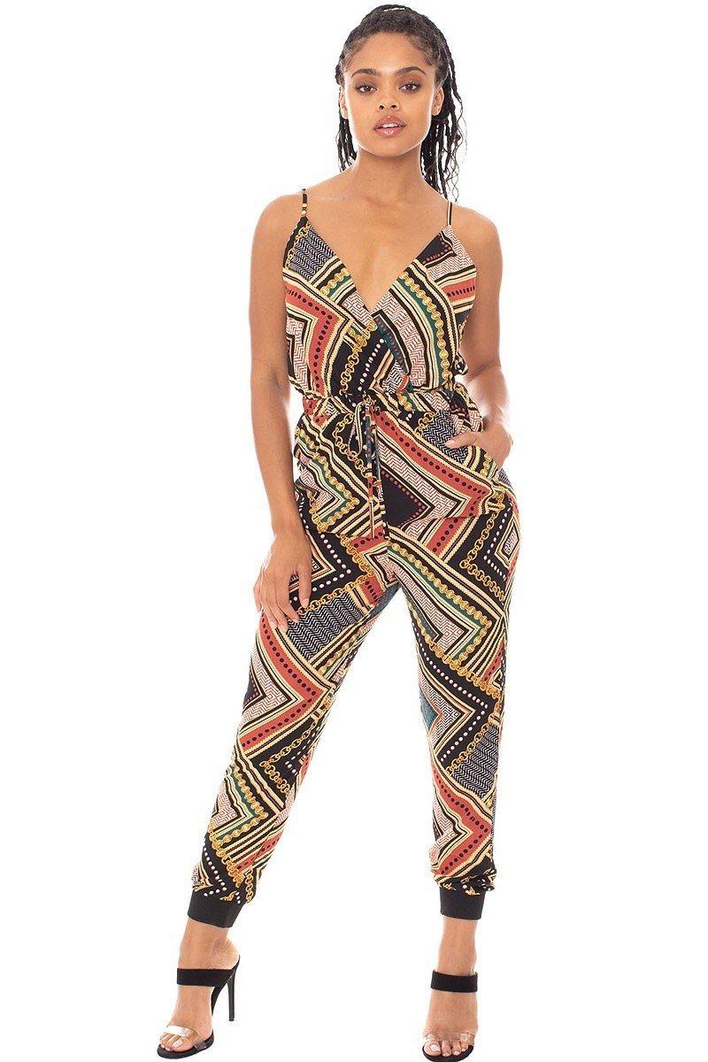 Boarder Print Wrap Drawstring Waist Jumpsuit - Supreme Deals