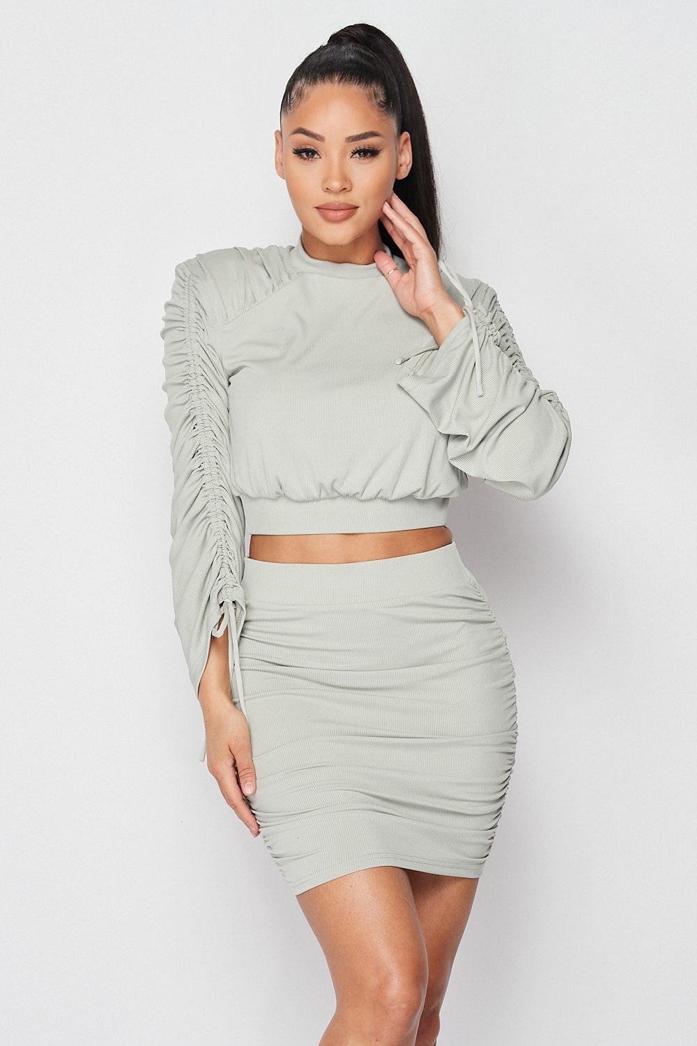 Ruched Long Sleeve And Skirt Set - Supreme Deals