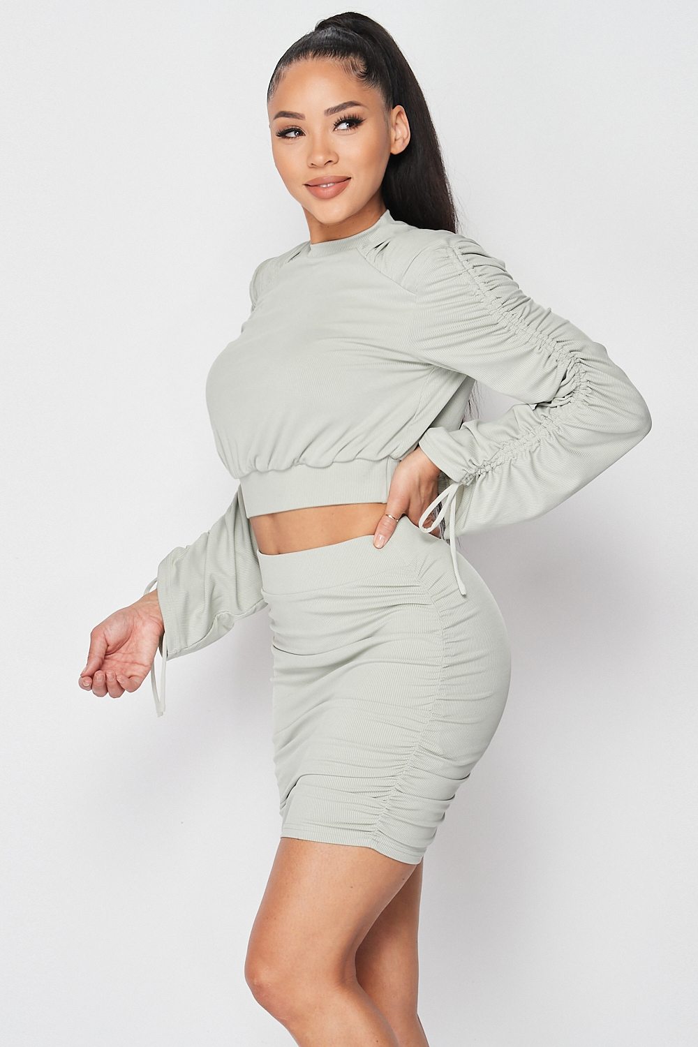 Ruched Long Sleeve And Skirt Set - Supreme Deals