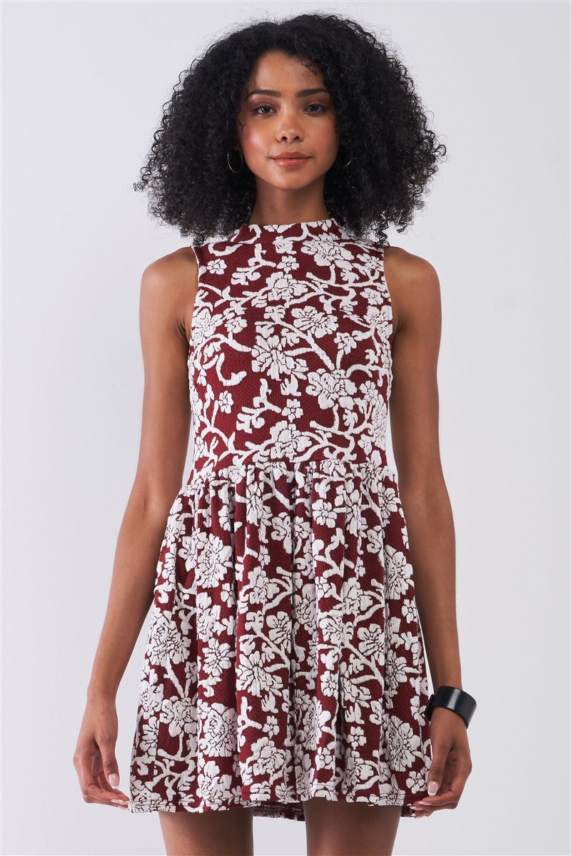 Burgundy & White Floral Crew Neck Sleeveless Fitted Mini Dress - Supreme Deals