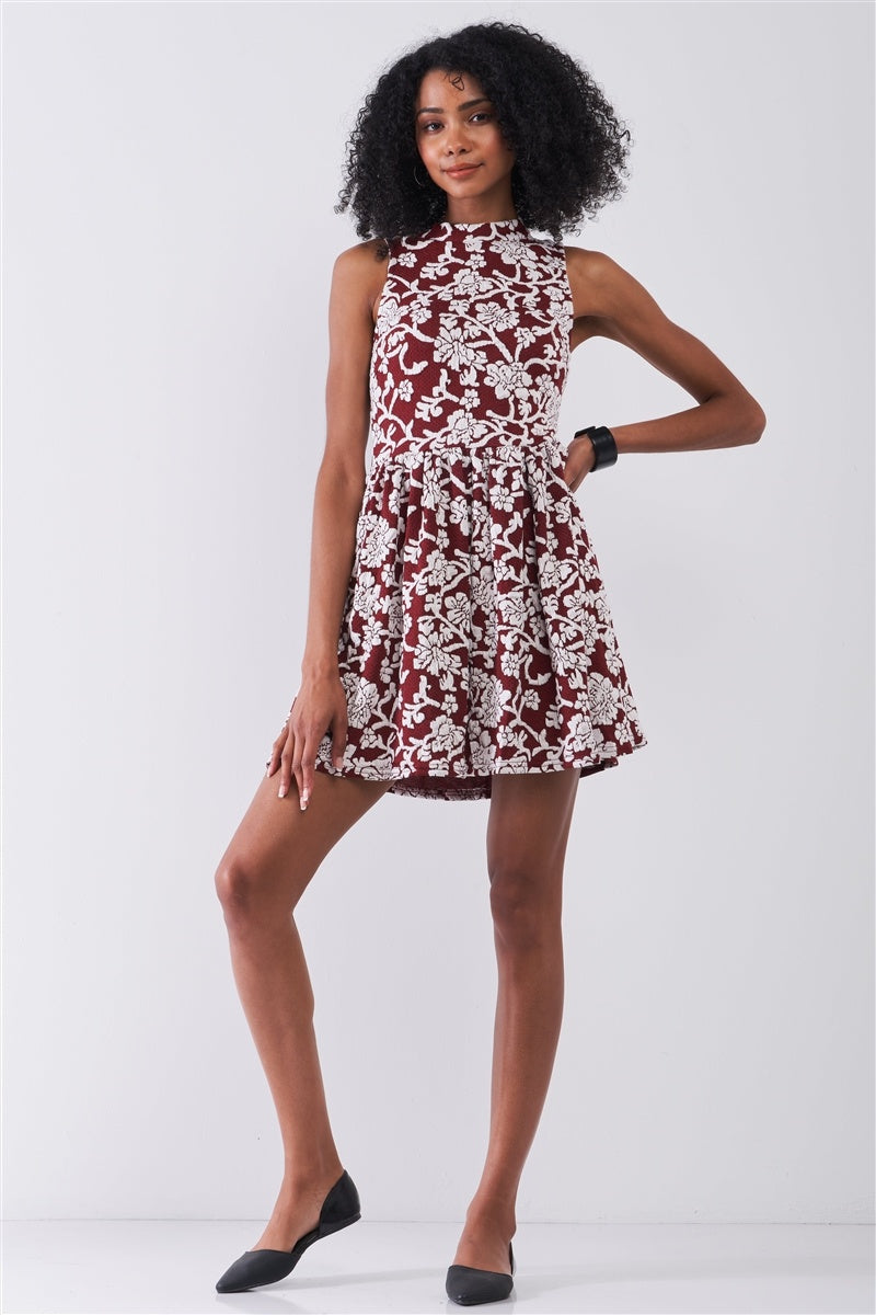 Burgundy & White Floral Crew Neck Sleeveless Fitted Mini Dress - Supreme Deals