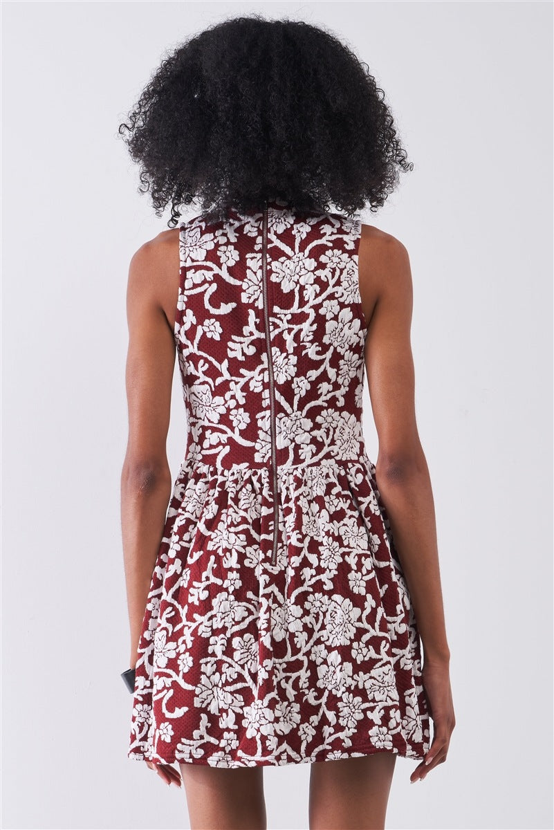 Burgundy & White Floral Crew Neck Sleeveless Fitted Mini Dress - Supreme Deals