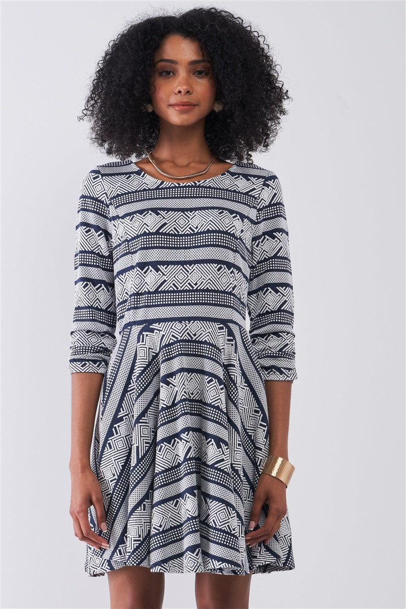 Navy & White Multi Print Round Neck 3/4 Sleeve A-line Mini Dress - Supreme Deals