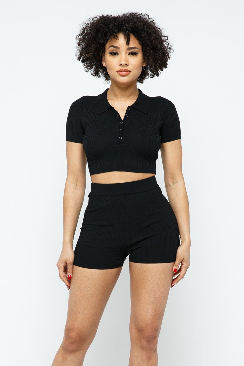 Collar Crop Top + Shorts Set - Supreme Deals