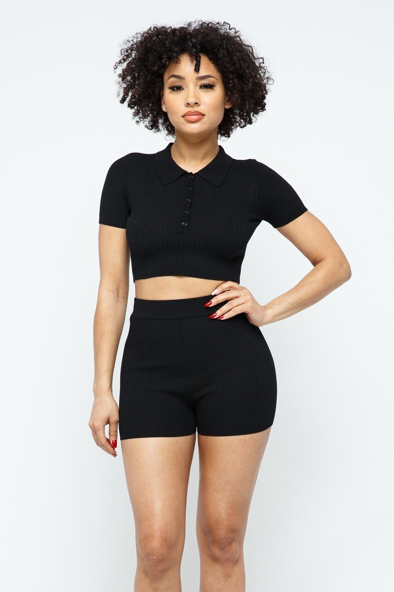 Collar Crop Top + Shorts Set - Supreme Deals