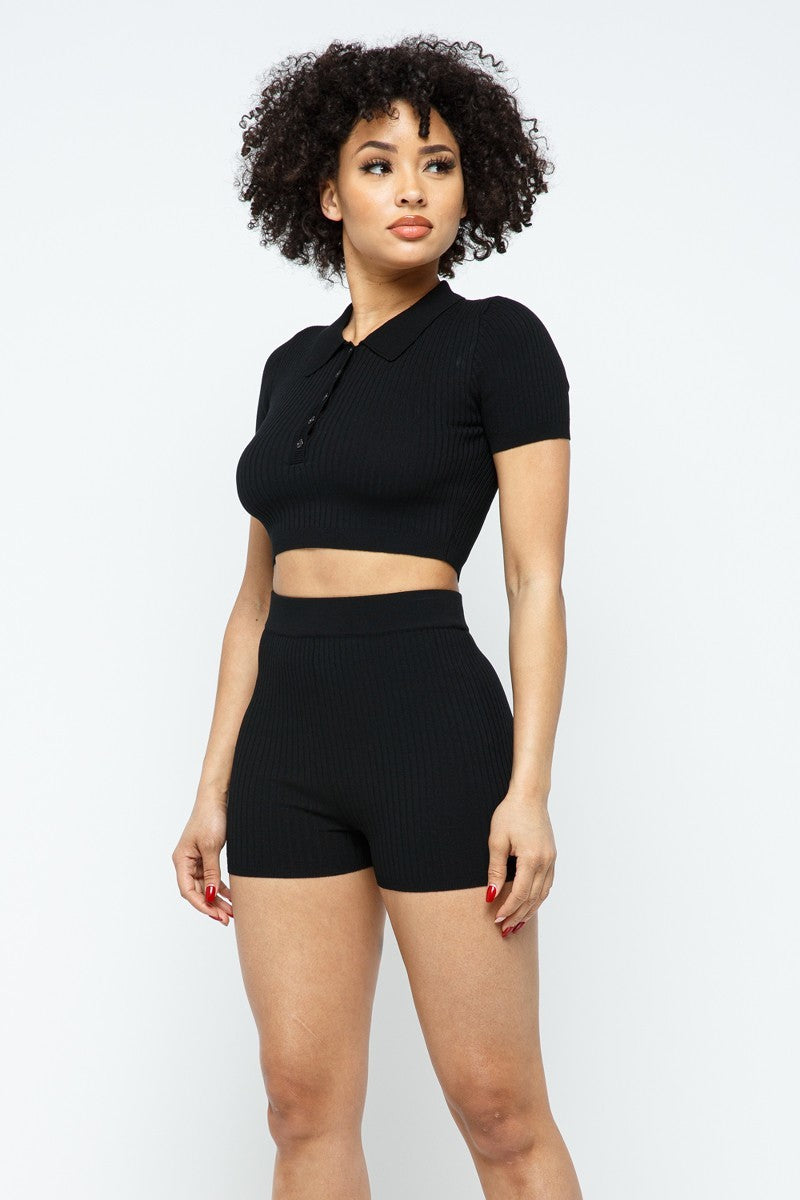 Collar Crop Top + Shorts Set - Supreme Deals