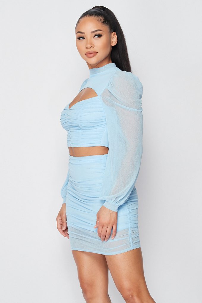 Sexy Sheer Cutout Puff Sleeved Top And Skirt Set - Supreme Deals