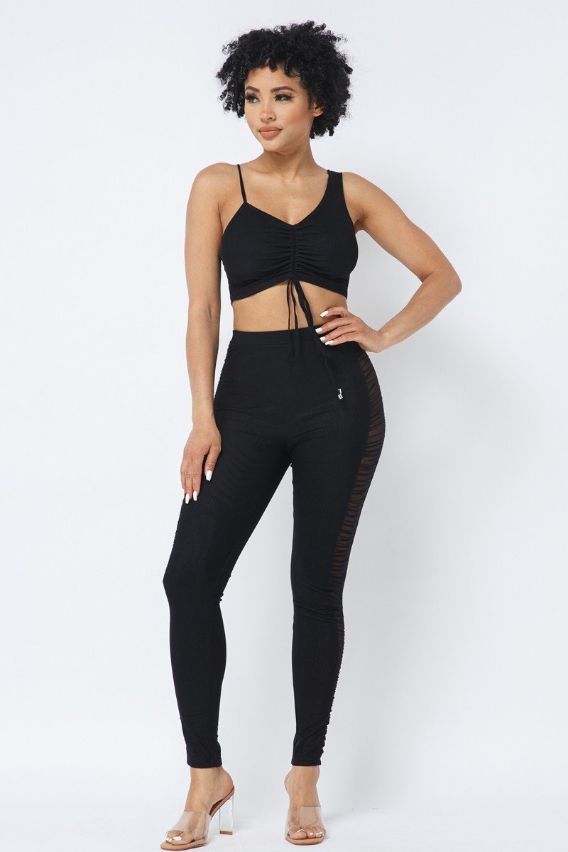 Mesh Strappy Adjustable Ruched Crop Top With Matching See Through Side Panel Leggings - Supreme Deals