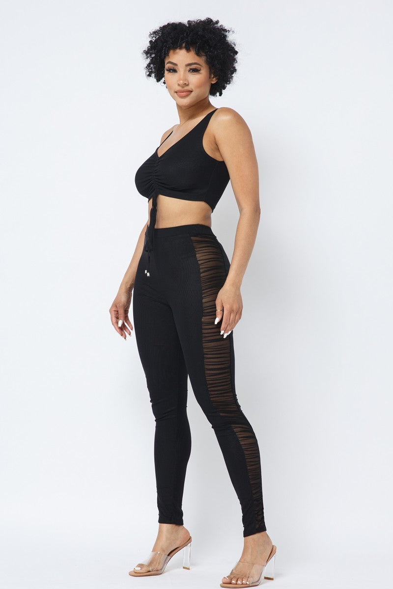 Mesh Strappy Adjustable Ruched Crop Top With Matching See Through Side Panel Leggings - Supreme Deals