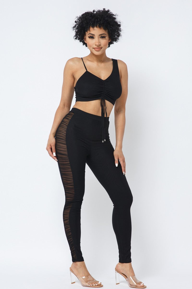 Mesh Strappy Adjustable Ruched Crop Top With Matching See Through Side Panel Leggings - Supreme Deals