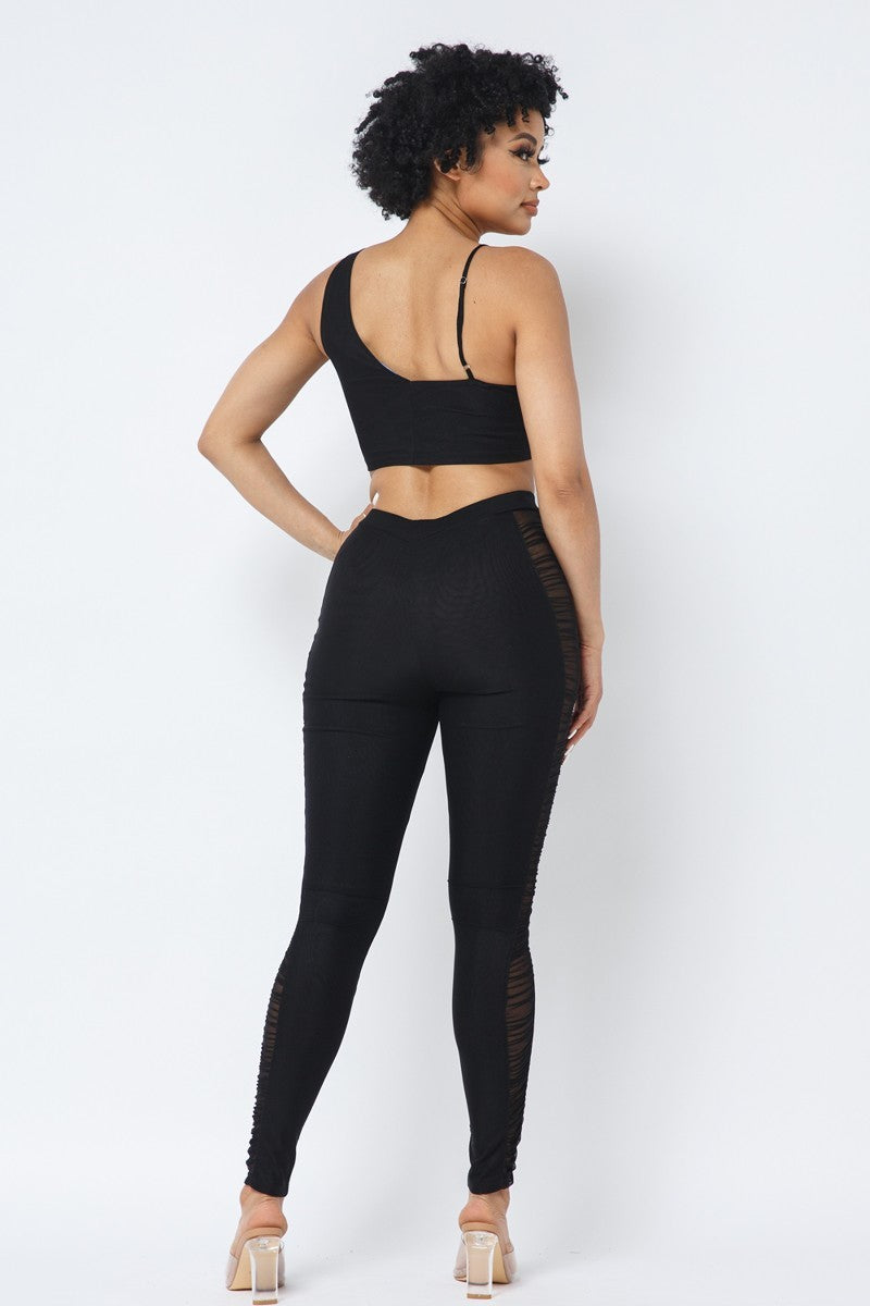 Mesh Strappy Adjustable Ruched Crop Top With Matching See Through Side Panel Leggings - Supreme Deals