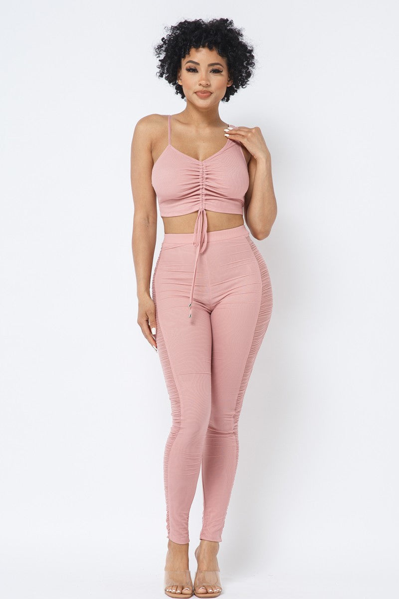 Mesh Strappy Adjustable Ruched Crop Top With Matching See Through Side Panel Leggings - Supreme Deals