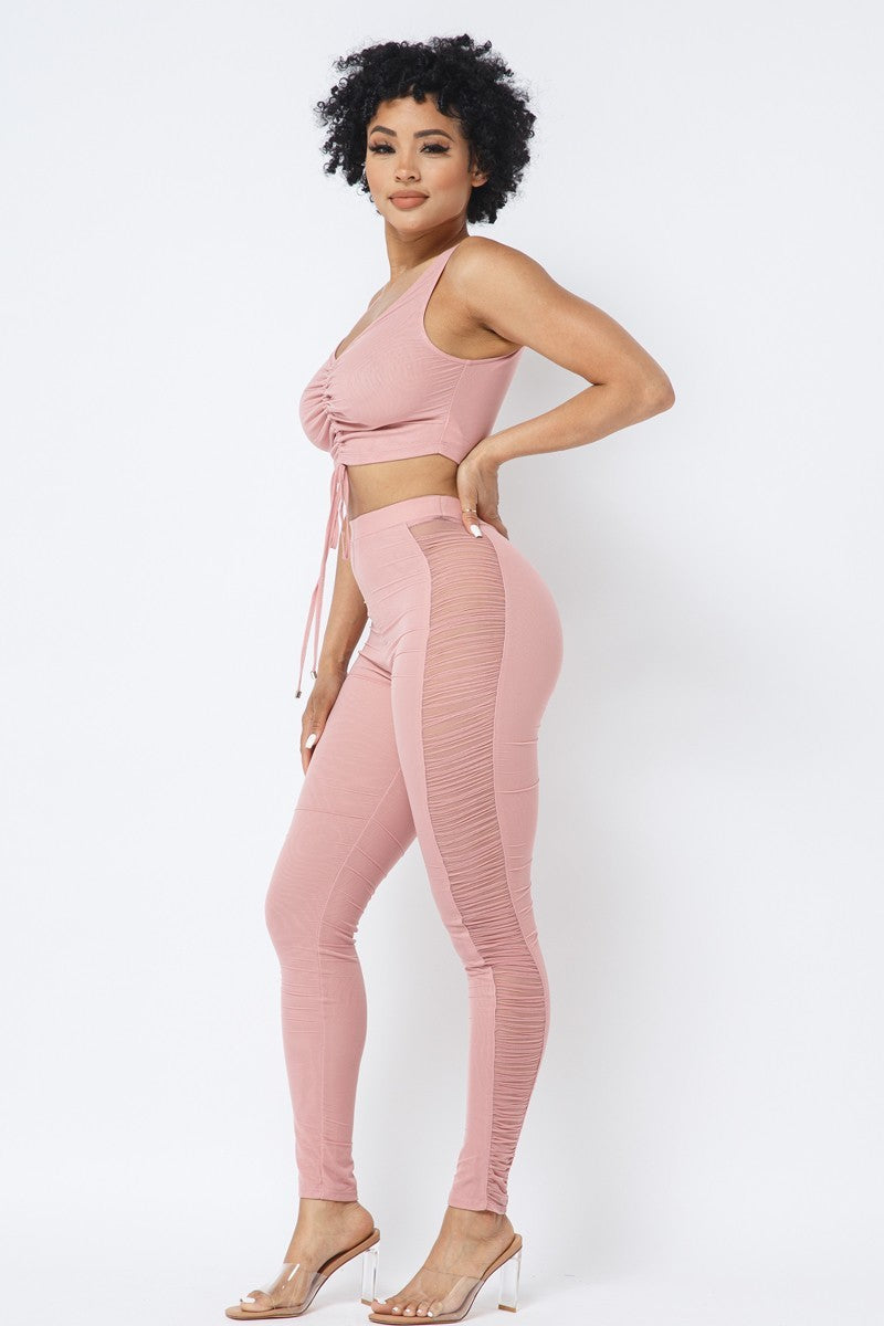 Mesh Strappy Adjustable Ruched Crop Top With Matching See Through Side Panel Leggings - Supreme Deals