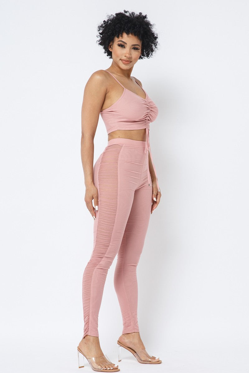 Mesh Strappy Adjustable Ruched Crop Top With Matching See Through Side Panel Leggings - Supreme Deals