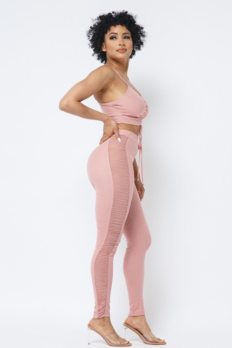 Mesh Strappy Adjustable Ruched Crop Top With Matching See Through Side Panel Leggings - Supreme Deals