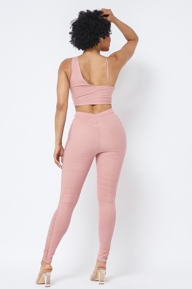 Mesh Strappy Adjustable Ruched Crop Top With Matching See Through Side Panel Leggings - Supreme Deals