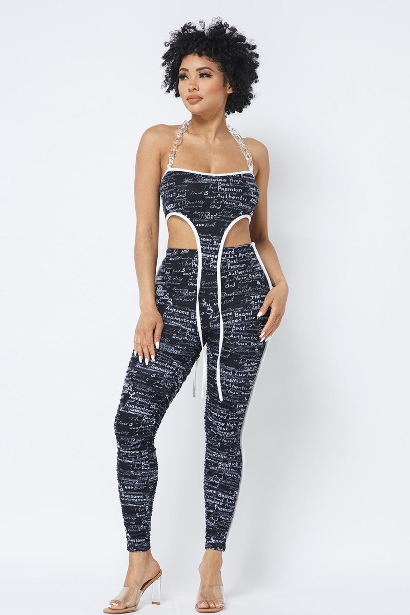 Mesh Print Crop Top With Plastic Chain Halter Neck With Matching Leggings - Supreme Deals