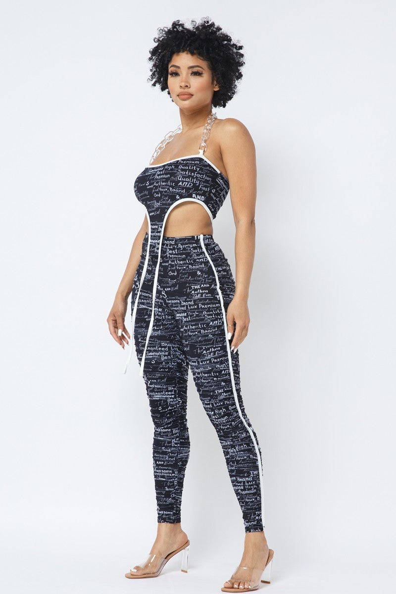 Mesh Print Crop Top With Plastic Chain Halter Neck With Matching Leggings - Supreme Deals