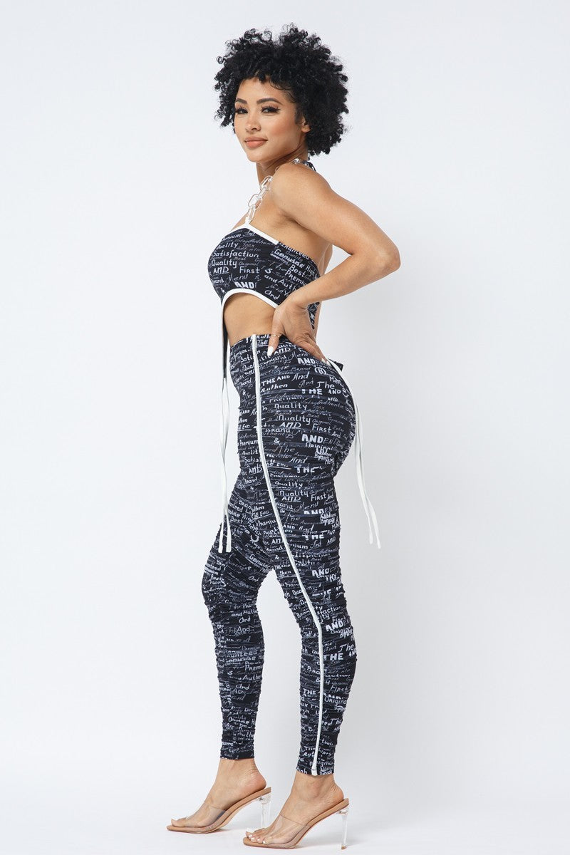 Mesh Print Crop Top With Plastic Chain Halter Neck With Matching Leggings - Supreme Deals