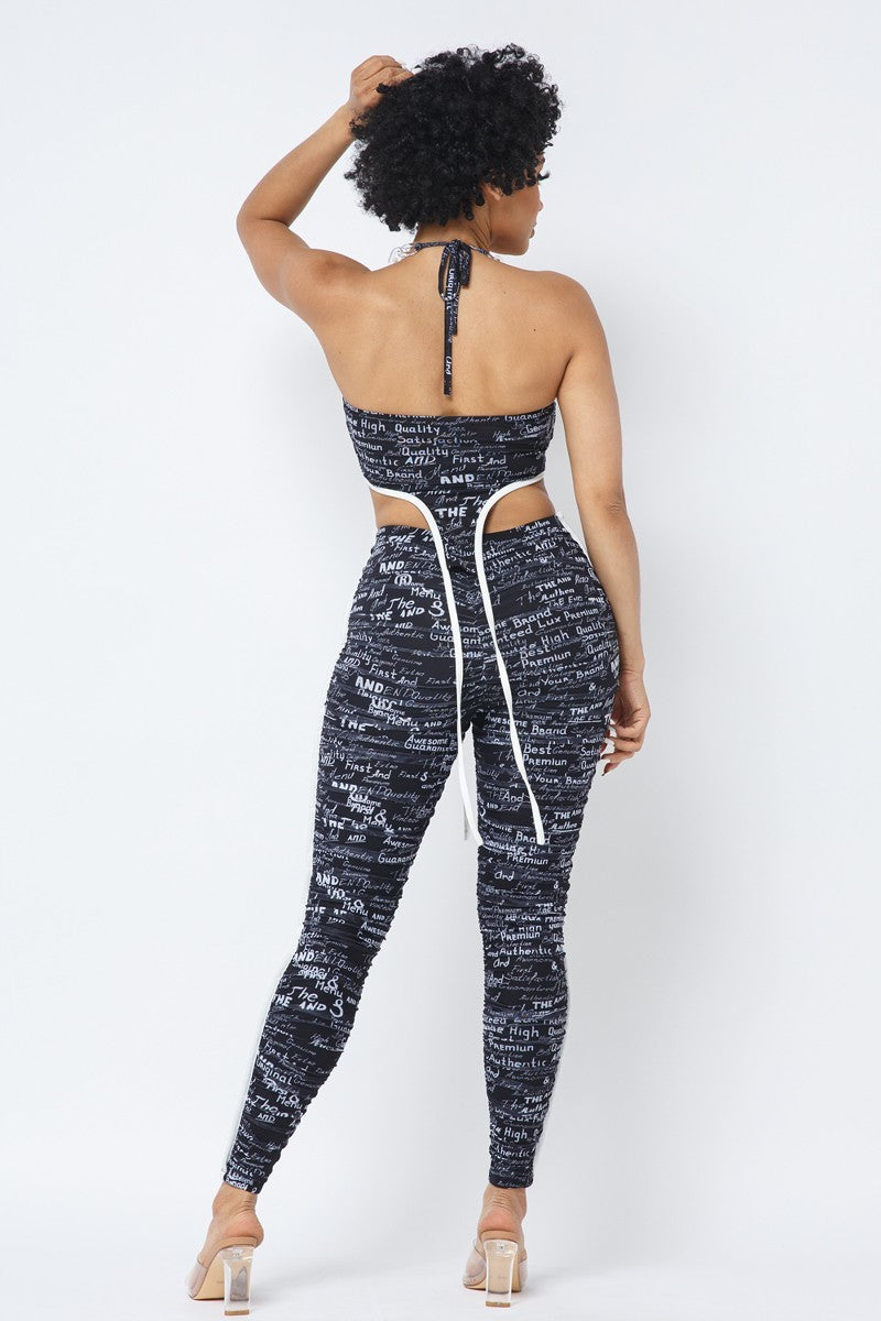 Mesh Print Crop Top With Plastic Chain Halter Neck With Matching Leggings - Supreme Deals