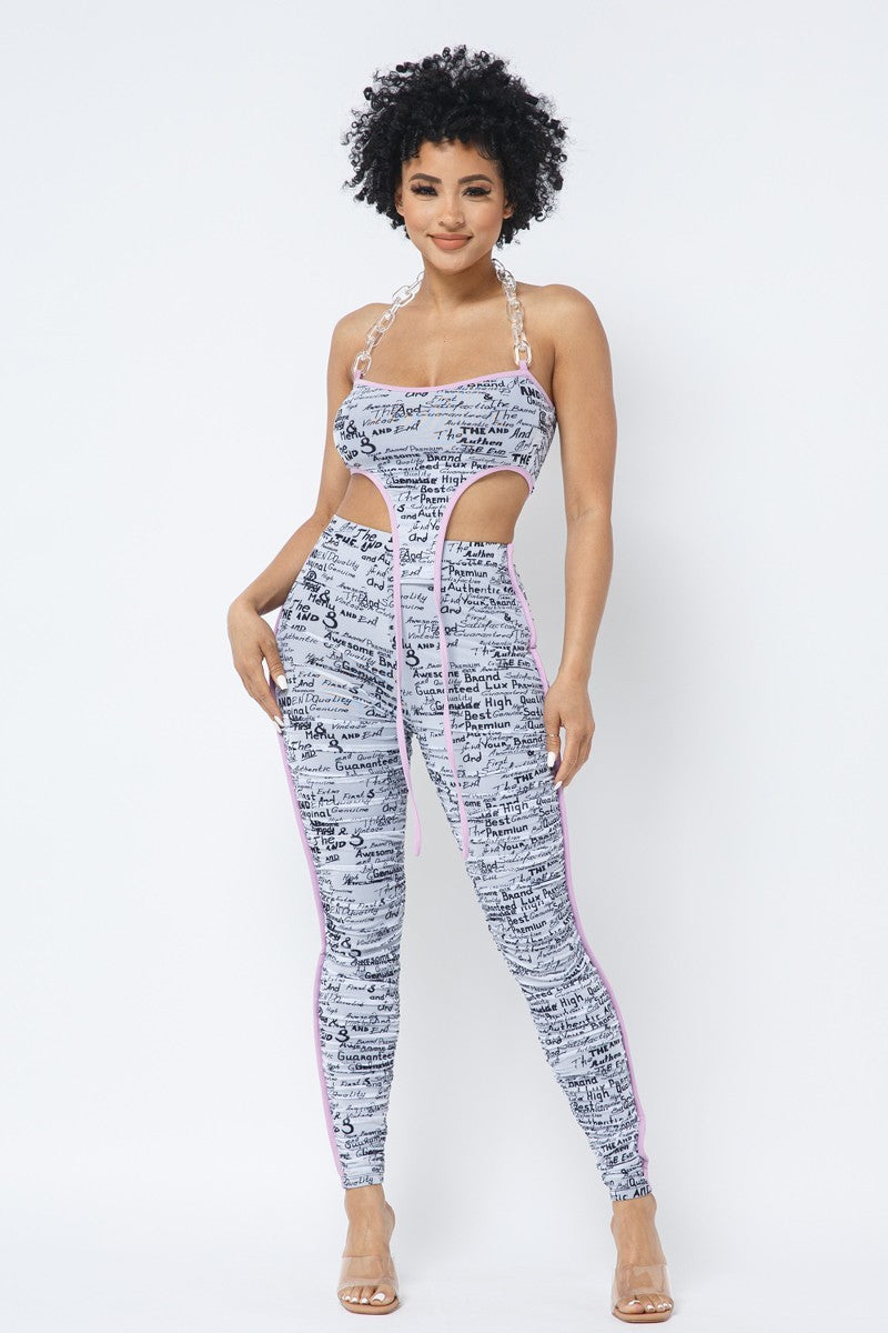 Mesh Print Crop Top With Plastic Chain Halter Neck With Matching Leggings - Supreme Deals