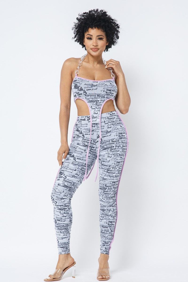 Mesh Print Crop Top With Plastic Chain Halter Neck With Matching Leggings - Supreme Deals