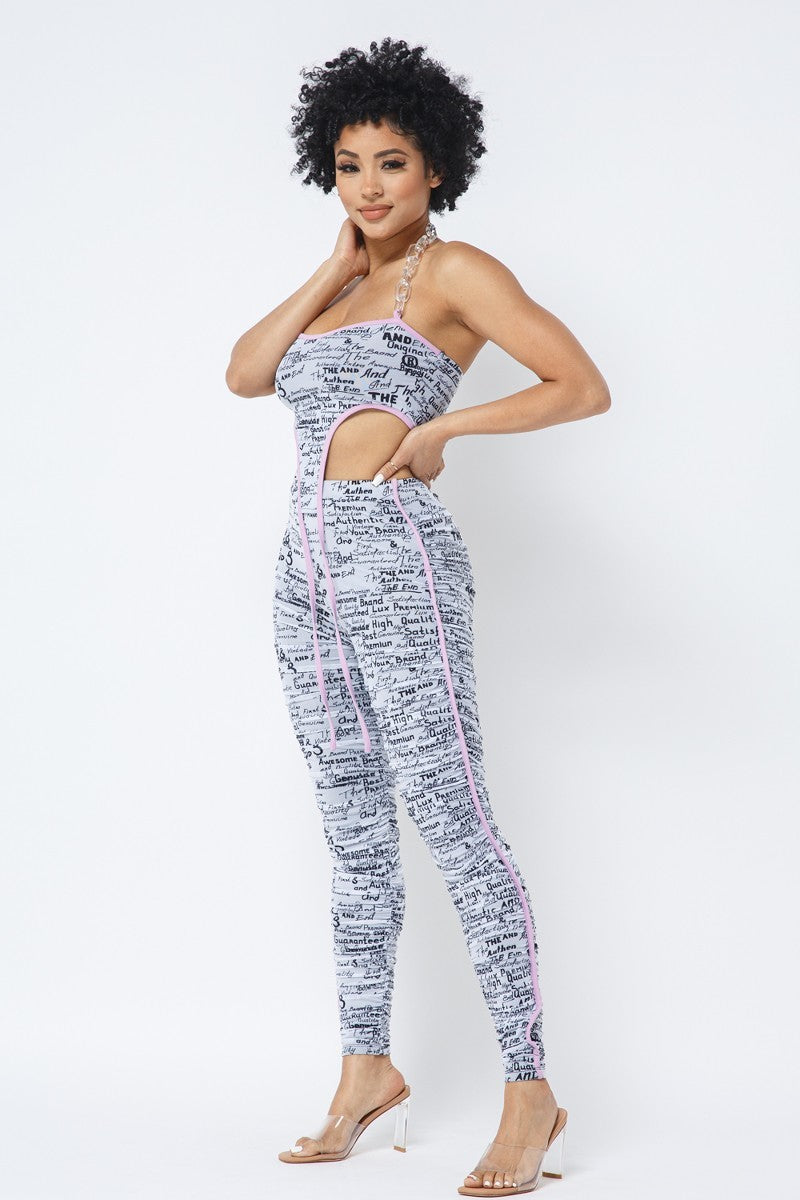 Mesh Print Crop Top With Plastic Chain Halter Neck With Matching Leggings - Supreme Deals