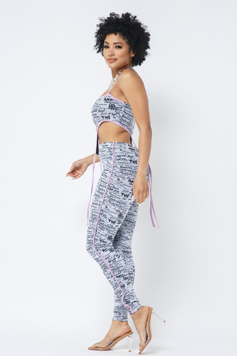 Mesh Print Crop Top With Plastic Chain Halter Neck With Matching Leggings - Supreme Deals