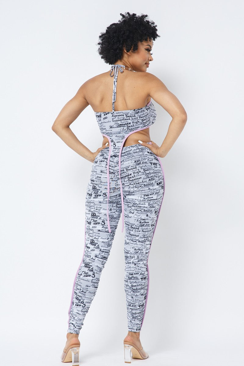 Mesh Print Crop Top With Plastic Chain Halter Neck With Matching Leggings - Supreme Deals