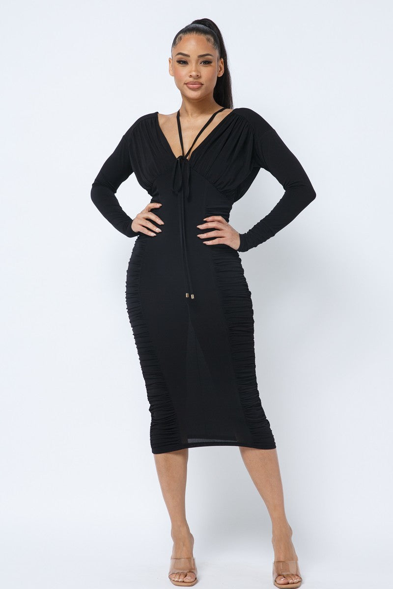 Long Sleeve Midi Dress With Low V Neck Front And Back With Ruching On Sides And Chest - Supreme Deals