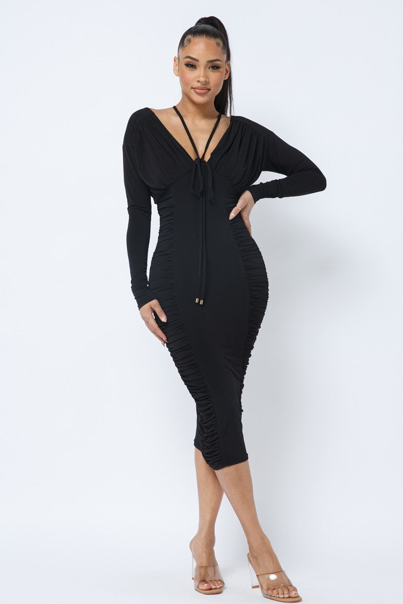 Long Sleeve Midi Dress With Low V Neck Front And Back With Ruching On Sides And Chest - Supreme Deals