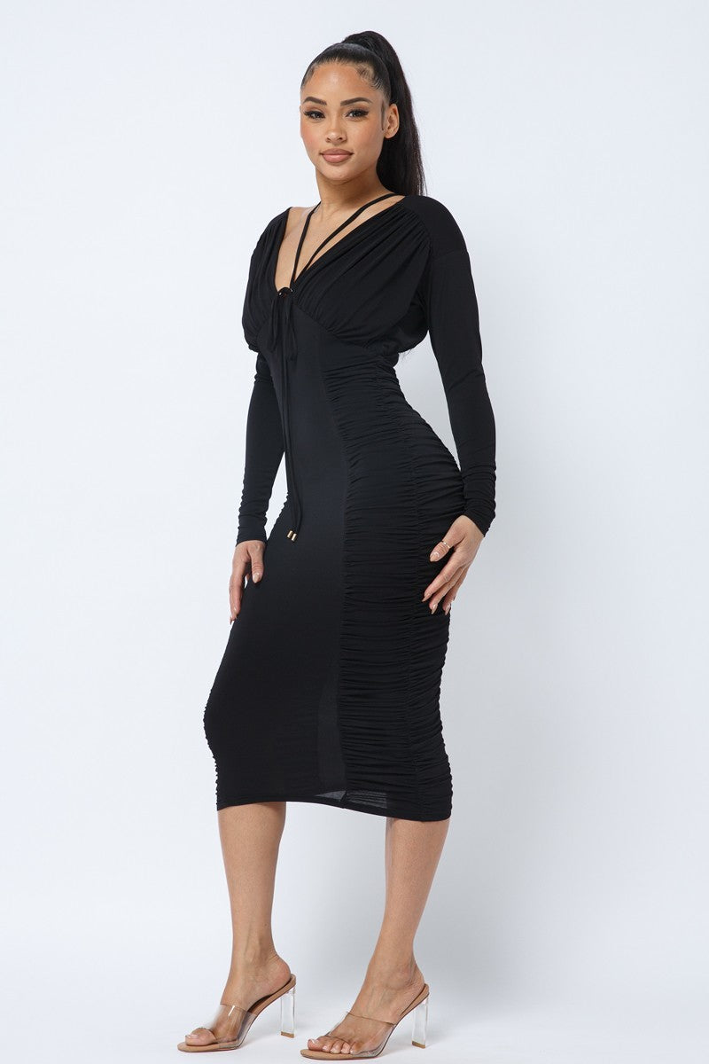 Long Sleeve Midi Dress With Low V Neck Front And Back With Ruching On Sides And Chest - Supreme Deals