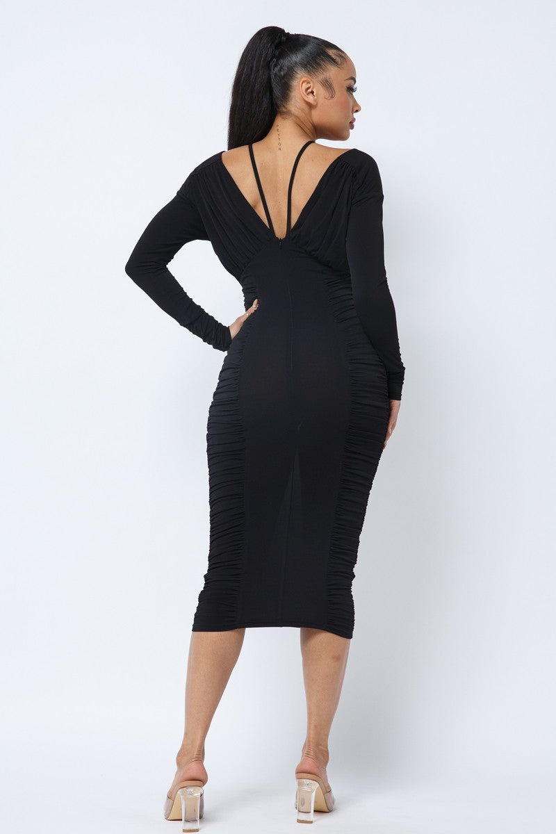 Long Sleeve Midi Dress With Low V Neck Front And Back With Ruching On Sides And Chest - Supreme Deals