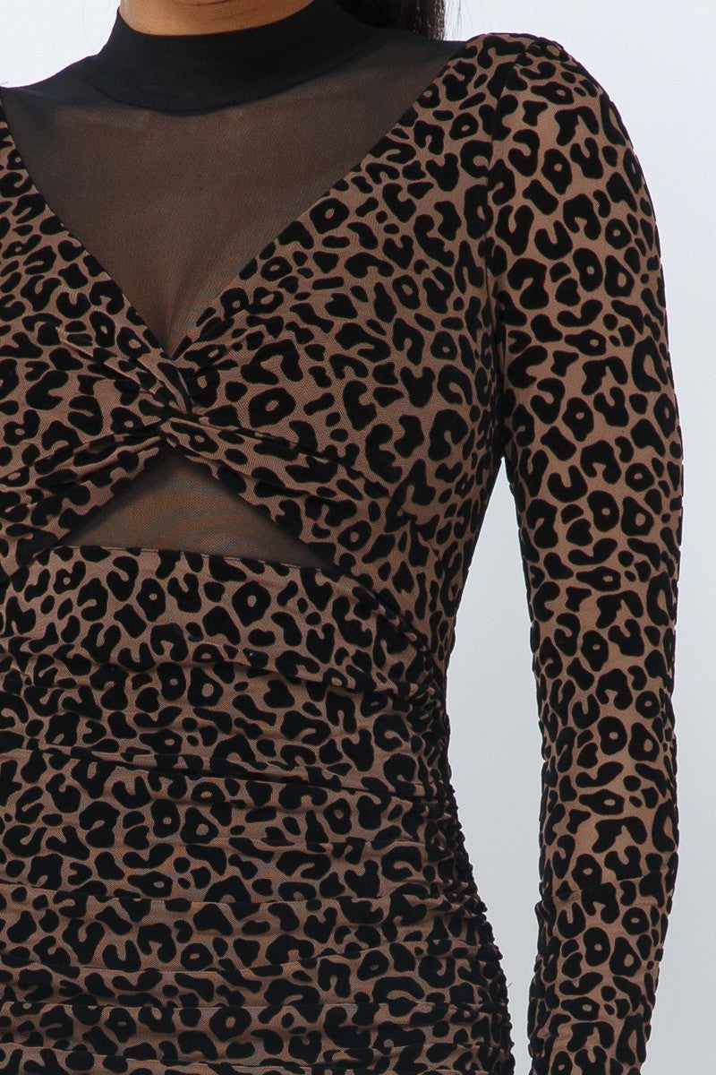 Animal Print Long Sleeve Mock Neck Mini Dress - Supreme Deals