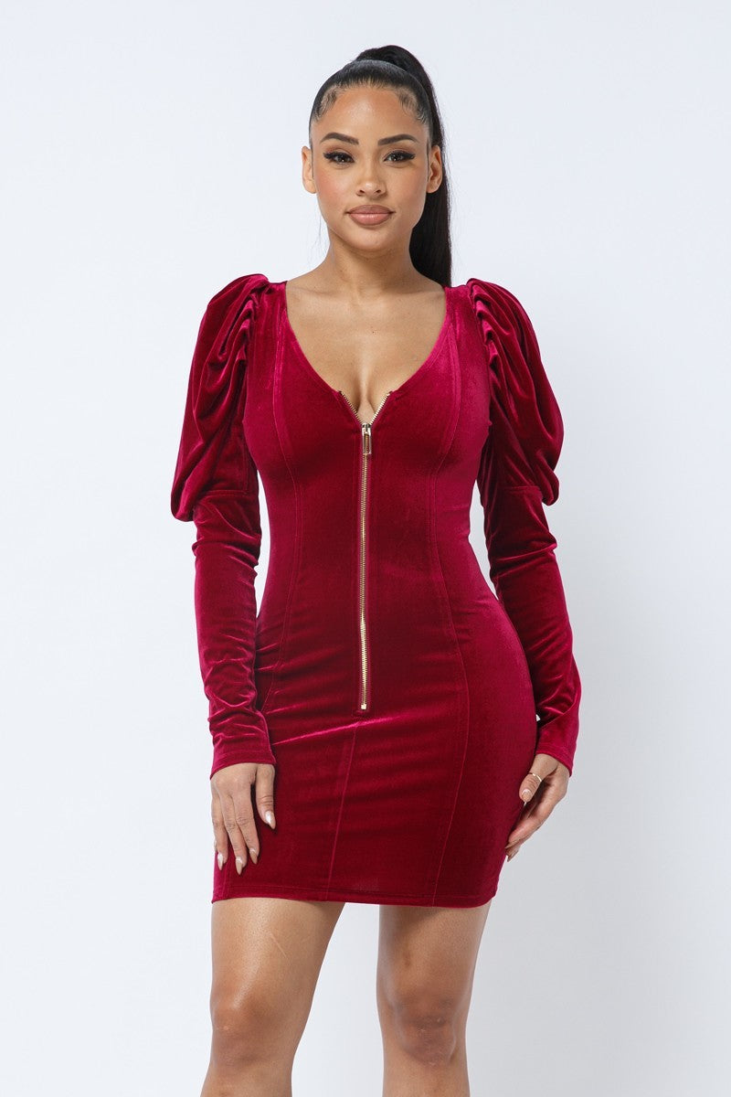 Soft Velvet Pleated Puff Sleeve Low V Neck Front And Back Mini Dress - Supreme Deals