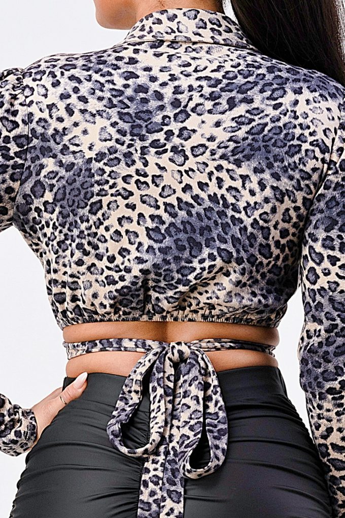 Sexy Animal Print Collared Back-tie Wrap Top - Supreme Deals