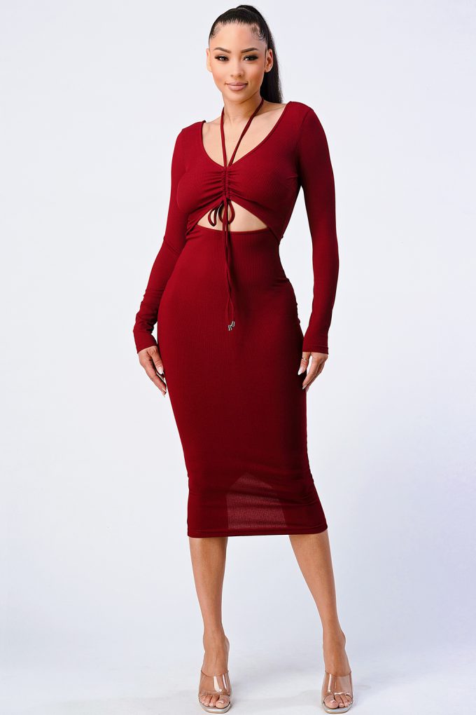 Trendy Front Shirring Cut-out Long Sleeved Dress - Supreme Deals