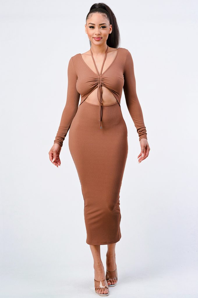 Trendy Front Shirring Cut-out Long Sleeved Dress - Supreme Deals