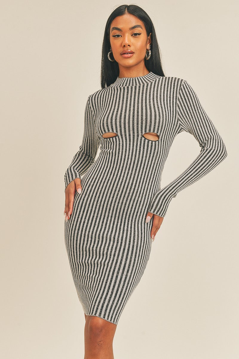 Long Sleeve Stripe Print Midi Dress - Supreme Deals