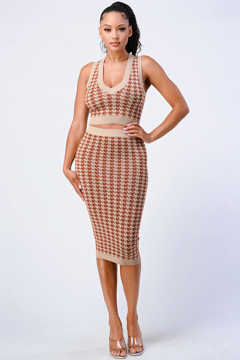 Luxe Gingham Rib Knit Top And Skirt Sets - Supreme Deals