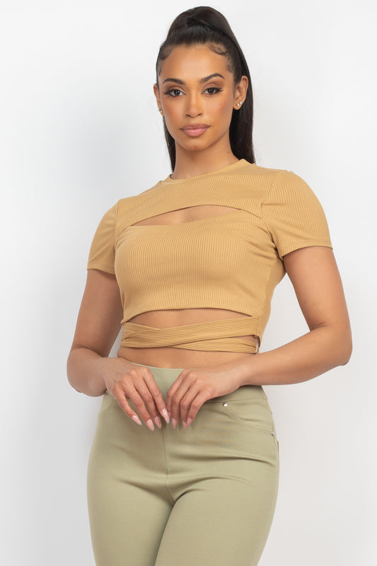 Self-tie Ribbon Front Cutout Crop Top - Supreme Deals