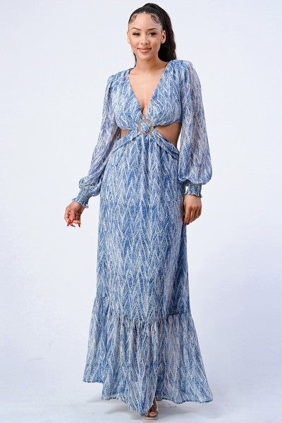 Printed V Neck Self Belted Side Cut Out Ruffled Maxi Dress - Supreme Deals