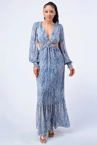 Printed V Neck Self Belted Side Cut Out Ruffled Maxi Dress - Supreme Deals