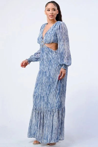 Printed V Neck Self Belted Side Cut Out Ruffled Maxi Dress - Supreme Deals