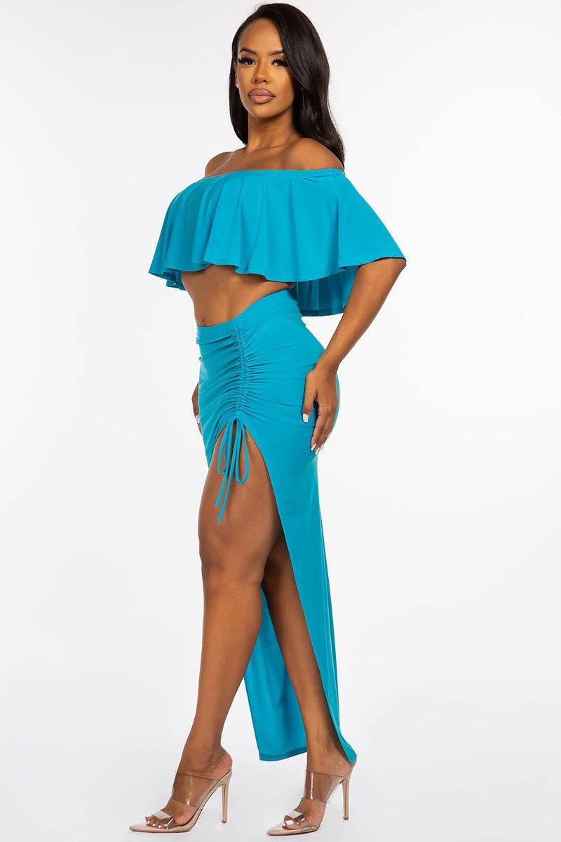 Solid Ity Off The Shoulder Ruffled Cropped Top And Ruched Maxi Skirt Two Piece Set - Supreme Deals