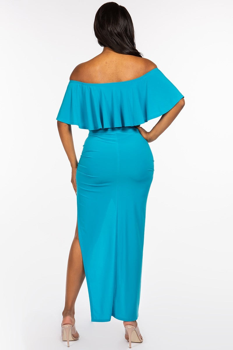 Solid Ity Off The Shoulder Ruffled Cropped Top And Ruched Maxi Skirt Two Piece Set - Supreme Deals