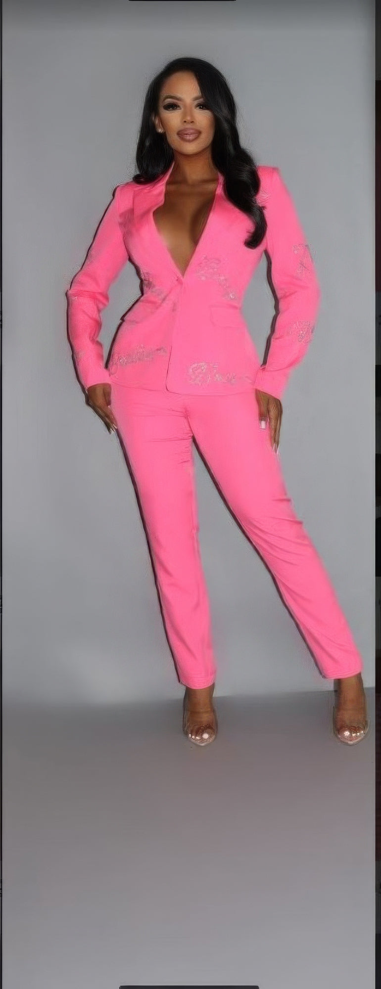 2 Piece Powersuit Blazer & Pants Set With Rhinestone Letterings On Blazer - Supreme Deals